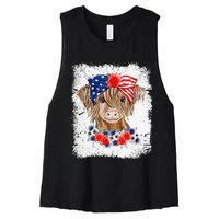 Bleached 4th Of July Long Haired Calf USA Patriotic Cow Women's Racerback Cropped Tank