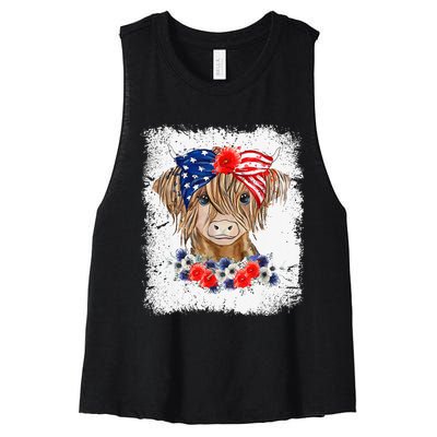 Bleached 4th Of July Long Haired Calf USA Patriotic Cow Women's Racerback Cropped Tank