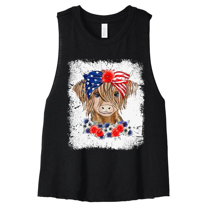 Bleached 4th Of July Long Haired Calf USA Patriotic Cow Women's Racerback Cropped Tank