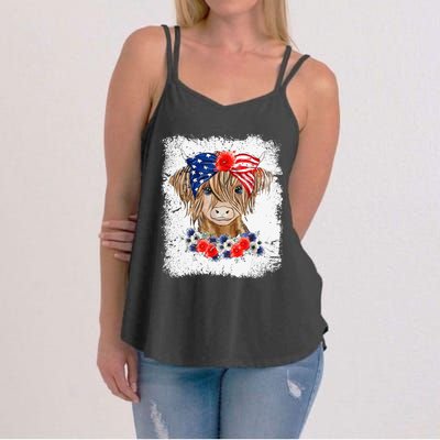 Bleached 4th Of July Long Haired Calf USA Patriotic Cow Women's Strappy Tank