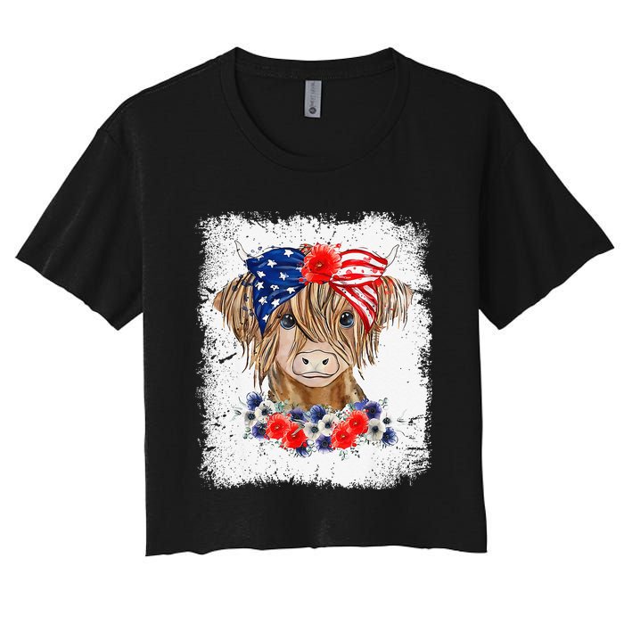 Bleached 4th Of July Long Haired Calf USA Patriotic Cow Women's Crop Top Tee