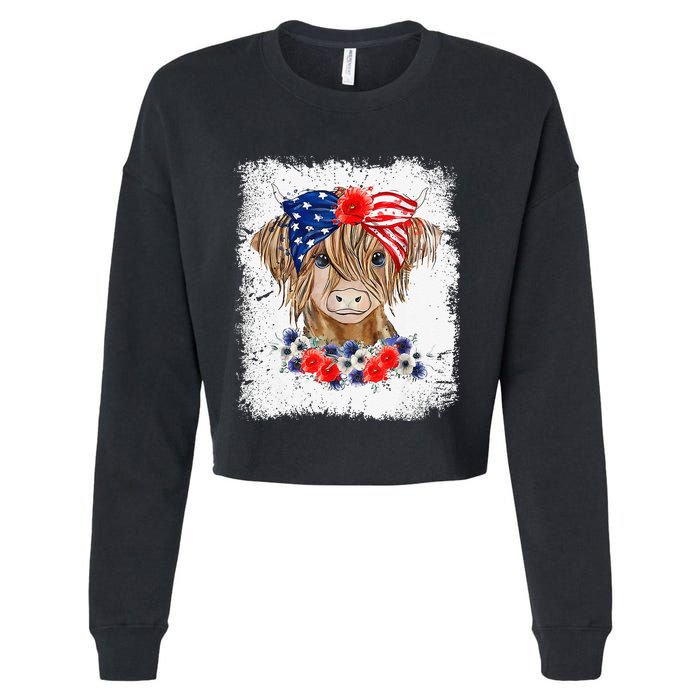 Bleached 4th Of July Long Haired Calf USA Patriotic Cow Cropped Pullover Crew