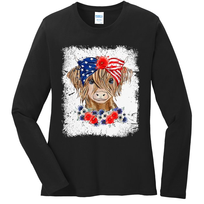 Bleached 4th Of July Long Haired Calf USA Patriotic Cow Ladies Long Sleeve Shirt