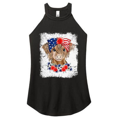 Bleached 4th Of July Long Haired Calf USA Patriotic Cow Women's Perfect Tri Rocker Tank