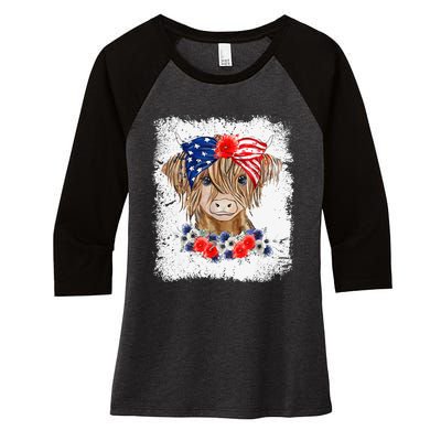 Bleached 4th Of July Long Haired Calf USA Patriotic Cow Women's Tri-Blend 3/4-Sleeve Raglan Shirt