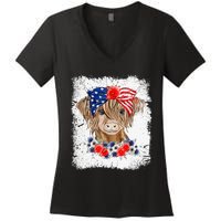 Bleached 4th Of July Long Haired Calf USA Patriotic Cow Women's V-Neck T-Shirt