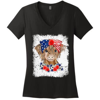 Bleached 4th Of July Long Haired Calf USA Patriotic Cow Women's V-Neck T-Shirt