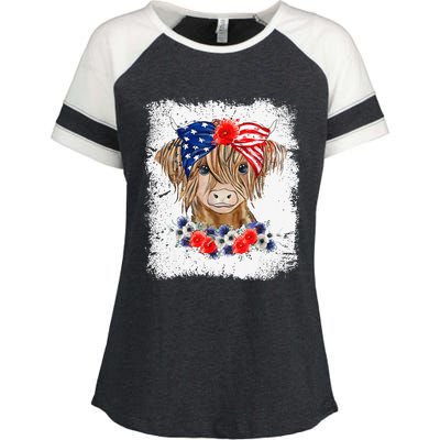 Bleached 4th Of July Long Haired Calf USA Patriotic Cow Enza Ladies Jersey Colorblock Tee