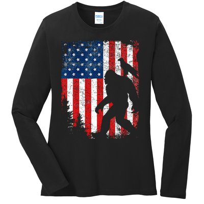 Bigfoot 4th of July Bald Eagle American USA Flag Patriotic Ladies Long Sleeve Shirt