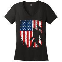 Bigfoot 4th of July Bald Eagle American USA Flag Patriotic Women's V-Neck T-Shirt