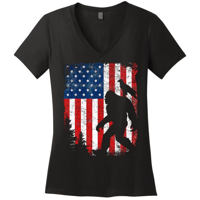 Bigfoot 4th of July Bald Eagle American USA Flag Patriotic Women's V-Neck T-Shirt