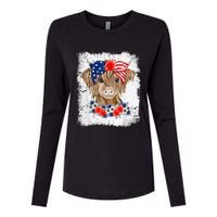 Bleached 4th Of July Long Haired Calf USA Patriotic Cow Womens Cotton Relaxed Long Sleeve T-Shirt