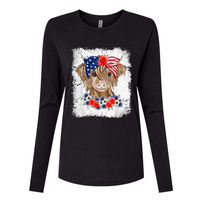 Bleached 4th Of July Long Haired Calf USA Patriotic Cow Womens Cotton Relaxed Long Sleeve T-Shirt