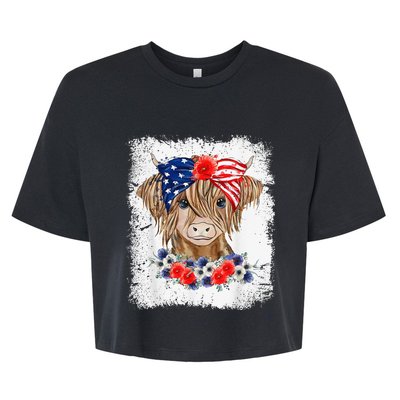 Bleached 4th Of July Long Haired Calf USA Patriotic Cow Bella+Canvas Jersey Crop Tee