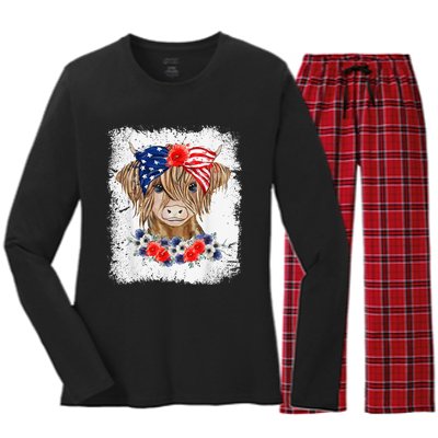 Bleached 4th Of July Long Haired Calf USA Patriotic Cow Women's Long Sleeve Flannel Pajama Set 