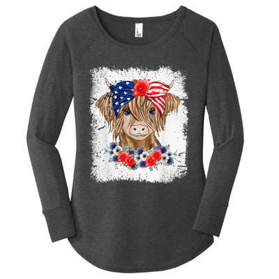 Bleached 4th Of July Long Haired Calf USA Patriotic Cow Women's Perfect Tri Tunic Long Sleeve Shirt