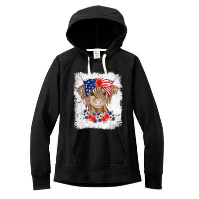 Bleached 4th Of July Long Haired Calf USA Patriotic Cow Women's Fleece Hoodie