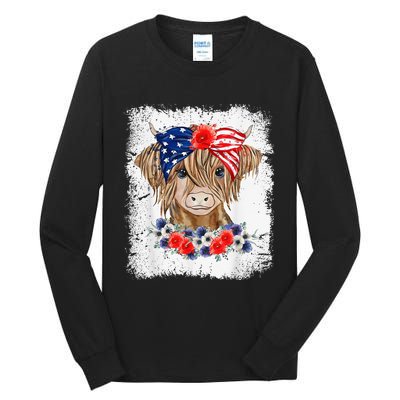 Bleached 4th Of July Long Haired Calf USA Patriotic Cow Tall Long Sleeve T-Shirt