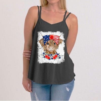 Bleached 4th Of July Long Haired Calf USA Patriotic Cow Women's Strappy Tank