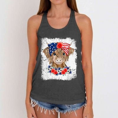 Bleached 4th Of July Long Haired Calf USA Patriotic Cow Women's Knotted Racerback Tank