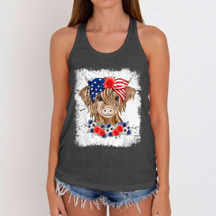 Bleached 4th Of July Long Haired Calf USA Patriotic Cow Women's Knotted Racerback Tank