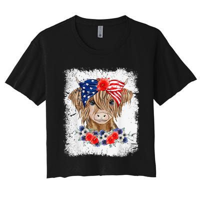 Bleached 4th Of July Long Haired Calf USA Patriotic Cow Women's Crop Top Tee