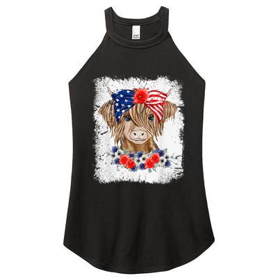 Bleached 4th Of July Long Haired Calf USA Patriotic Cow Women's Perfect Tri Rocker Tank