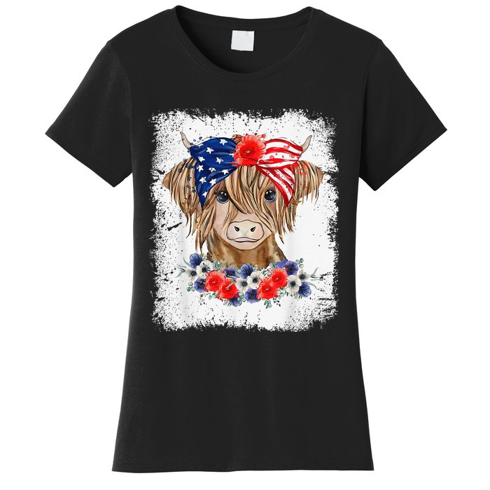 Bleached 4th Of July Long Haired Calf USA Patriotic Cow Women's T-Shirt