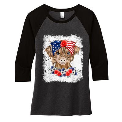 Bleached 4th Of July Long Haired Calf USA Patriotic Cow Women's Tri-Blend 3/4-Sleeve Raglan Shirt