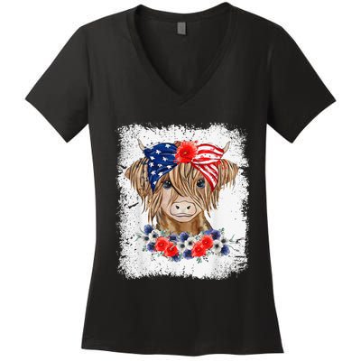 Bleached 4th Of July Long Haired Calf USA Patriotic Cow Women's V-Neck T-Shirt