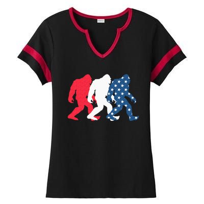 Bigfoot 4th Of July Sasquatch American Flag Patriotic USA Ladies Halftime Notch Neck Tee