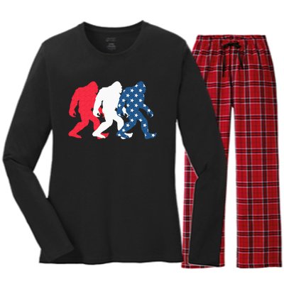 Bigfoot 4th Of July Sasquatch American Flag Patriotic USA Women's Long Sleeve Flannel Pajama Set 