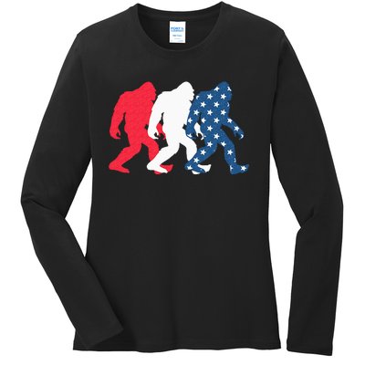 Bigfoot 4th Of July Sasquatch American Flag Patriotic USA Ladies Long Sleeve Shirt