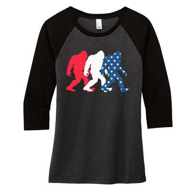 Bigfoot 4th Of July Sasquatch American Flag Patriotic USA Women's Tri-Blend 3/4-Sleeve Raglan Shirt