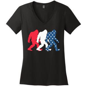 Bigfoot 4th Of July Sasquatch American Flag Patriotic USA Women's V-Neck T-Shirt