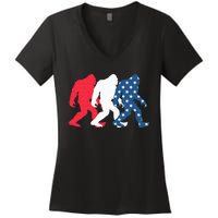 Bigfoot 4th Of July Sasquatch American Flag Patriotic USA Women's V-Neck T-Shirt