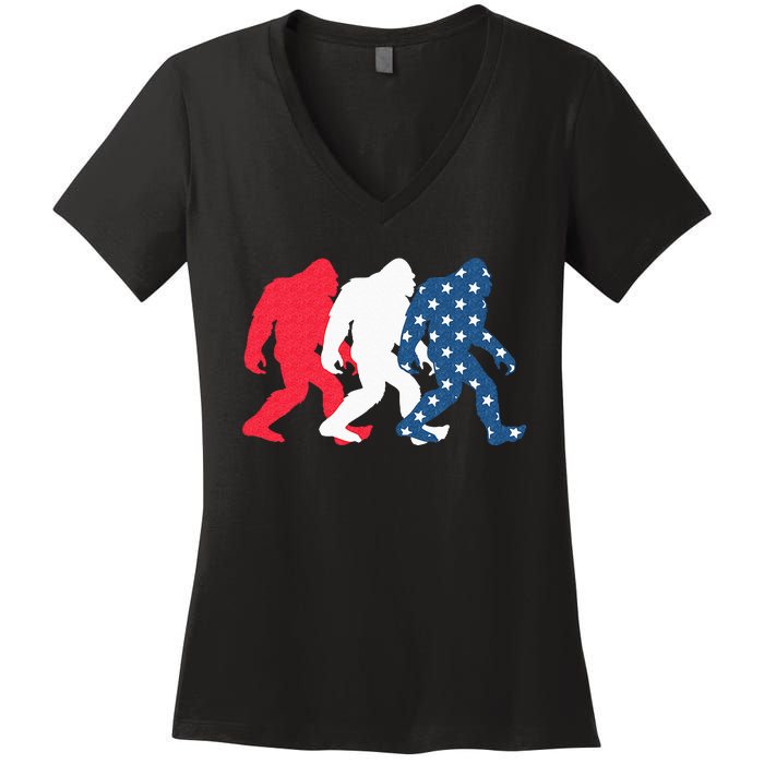 Bigfoot 4th Of July Sasquatch American Flag Patriotic USA Women's V-Neck T-Shirt