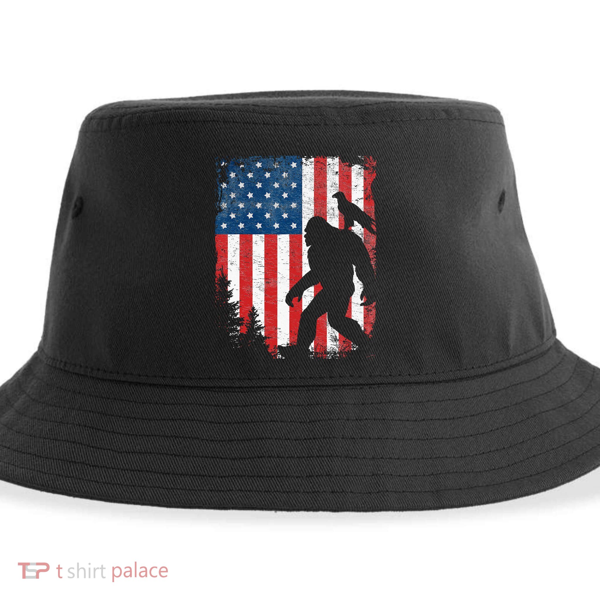 Bigfoot 4th of July Bald Eagle American USA Flag Patriotic Sustainable Bucket Hat
