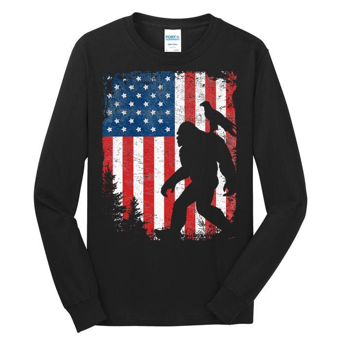 Bigfoot 4th of July Bald Eagle American USA Flag Patriotic Tall Long Sleeve T-Shirt