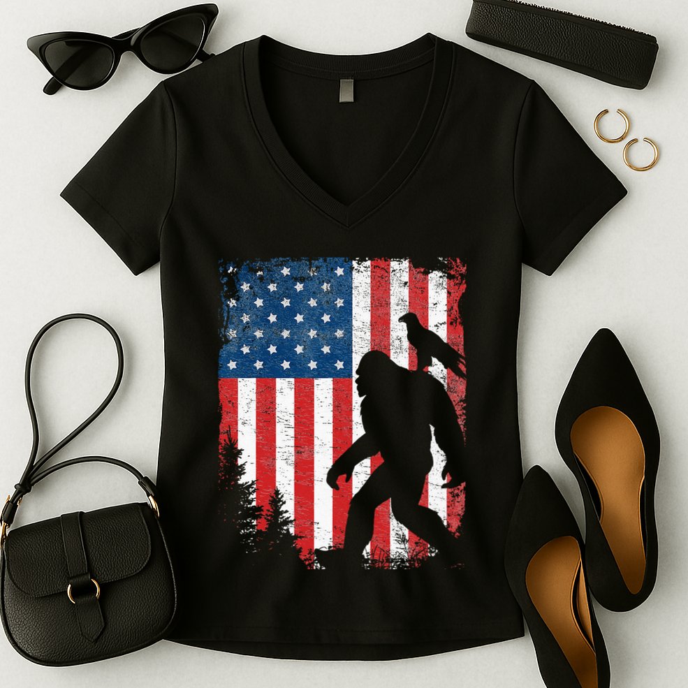 Bigfoot 4th of July Bald Eagle American USA Flag Patriotic Women's V-Neck T-Shirt