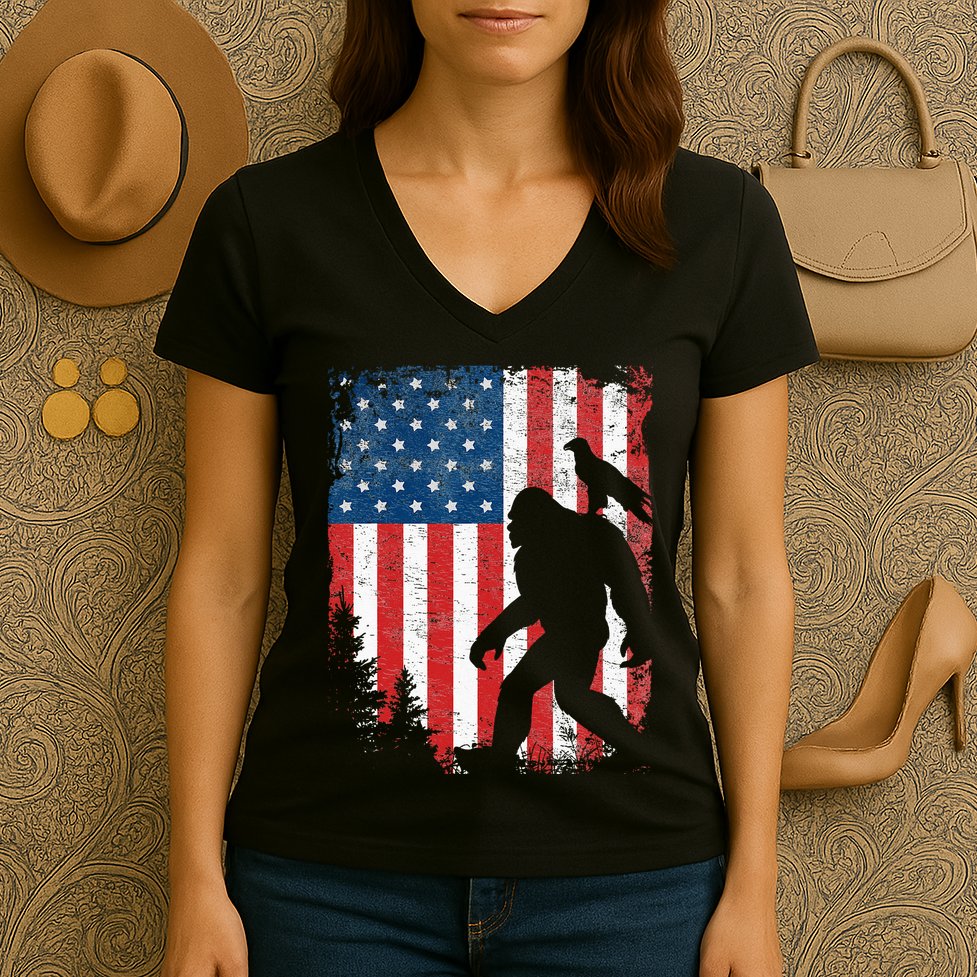 Bigfoot 4th of July Bald Eagle American USA Flag Patriotic Women's V-Neck T-Shirt