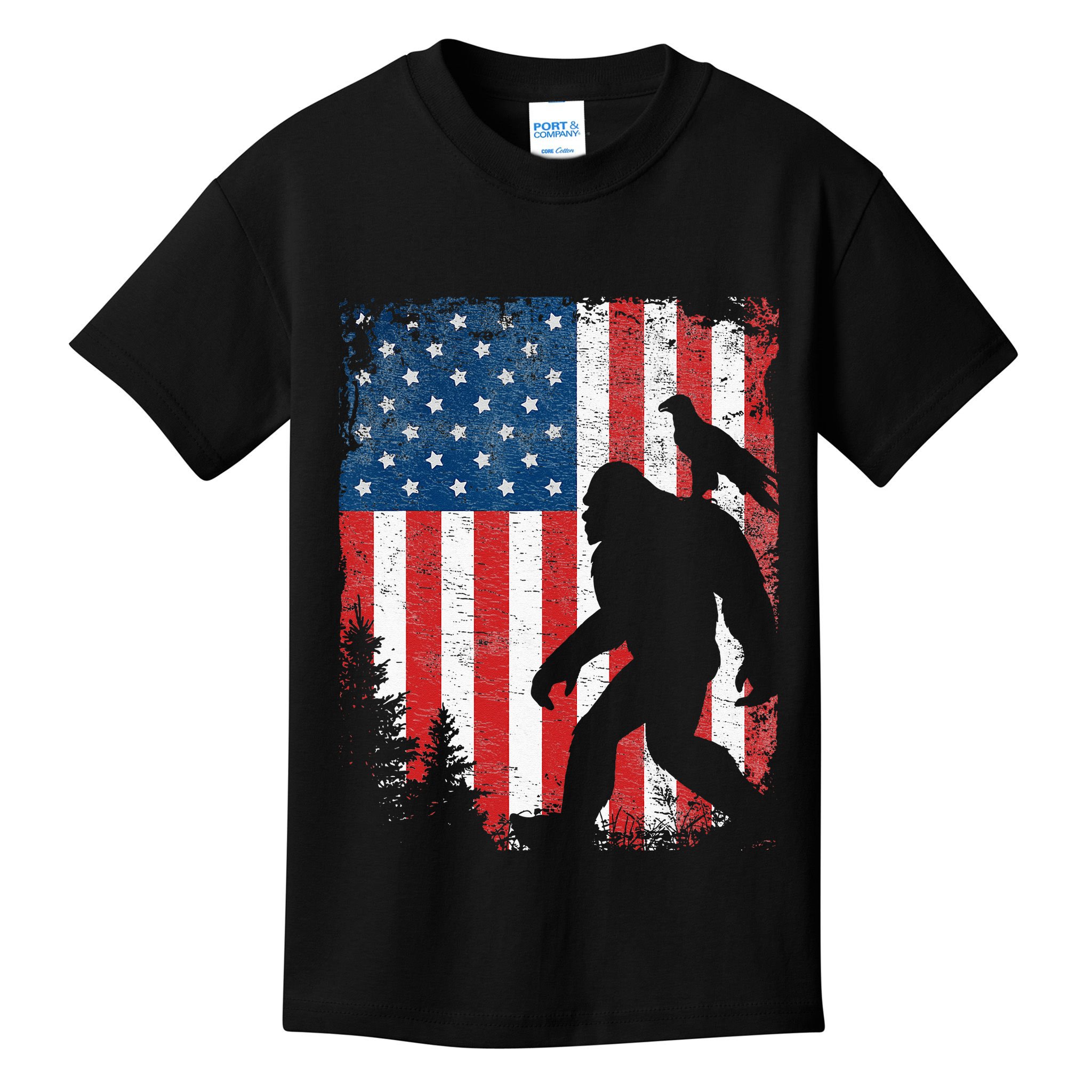 Bigfoot 4th of July Bald Eagle American USA Flag Patriotic Kids T-Shirt
