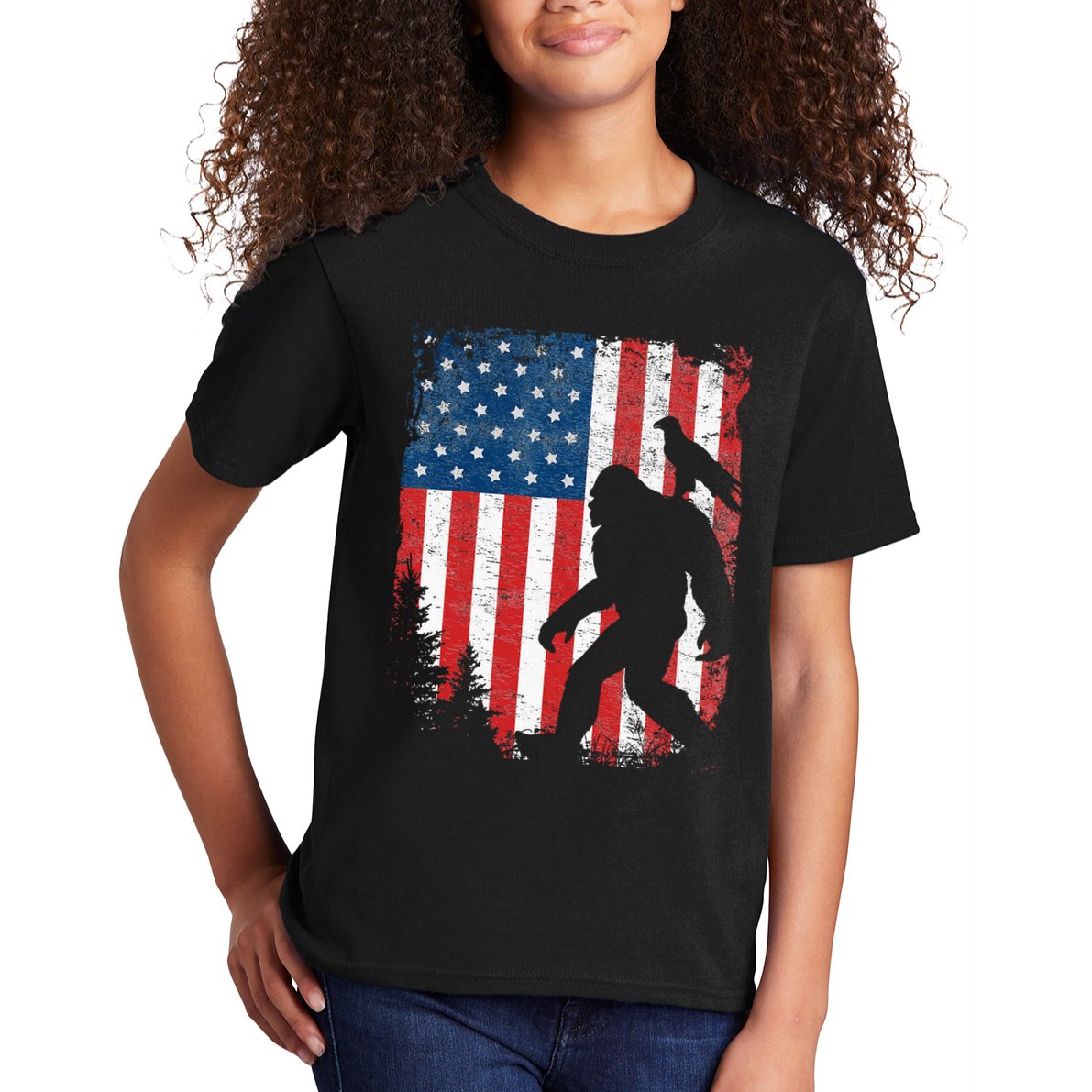 Bigfoot 4th of July Bald Eagle American USA Flag Patriotic Kids T-Shirt