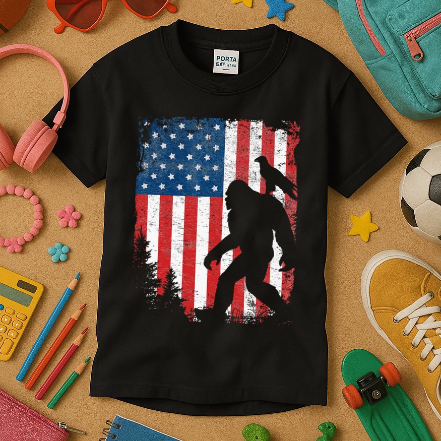 Bigfoot 4th of July Bald Eagle American USA Flag Patriotic Kids T-Shirt
