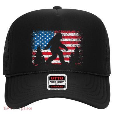 Bigfoot 4th Of July American Usa Flag Patriotic High Crown Mesh Back Trucker Hat