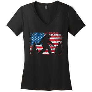 Bigfoot 4th Of July American Usa Flag Patriotic Women's V-Neck T-Shirt