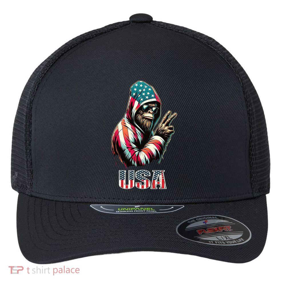 Bigfoot 4th Of July Usa Patriotic Sasquatch Flexfit Unipanel Trucker Cap