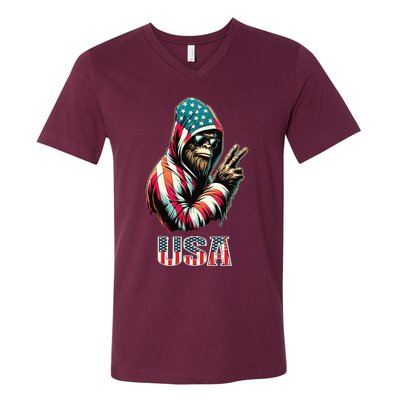 Bigfoot 4th Of July Usa Patriotic Sasquatch V-Neck T-Shirt