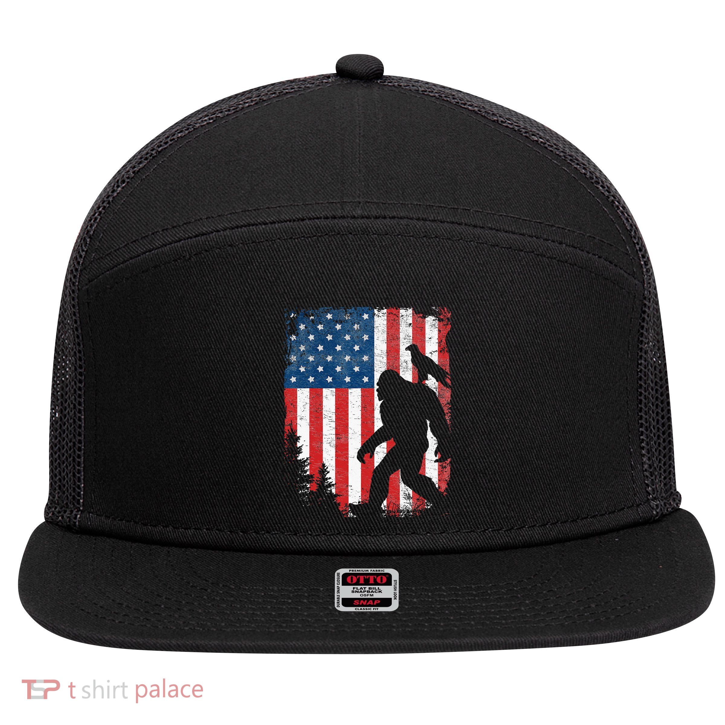 Bigfoot 4th Of July Bald Eagle American USA Flag Patriotic 7 Panel Mesh Trucker Snapback Hat