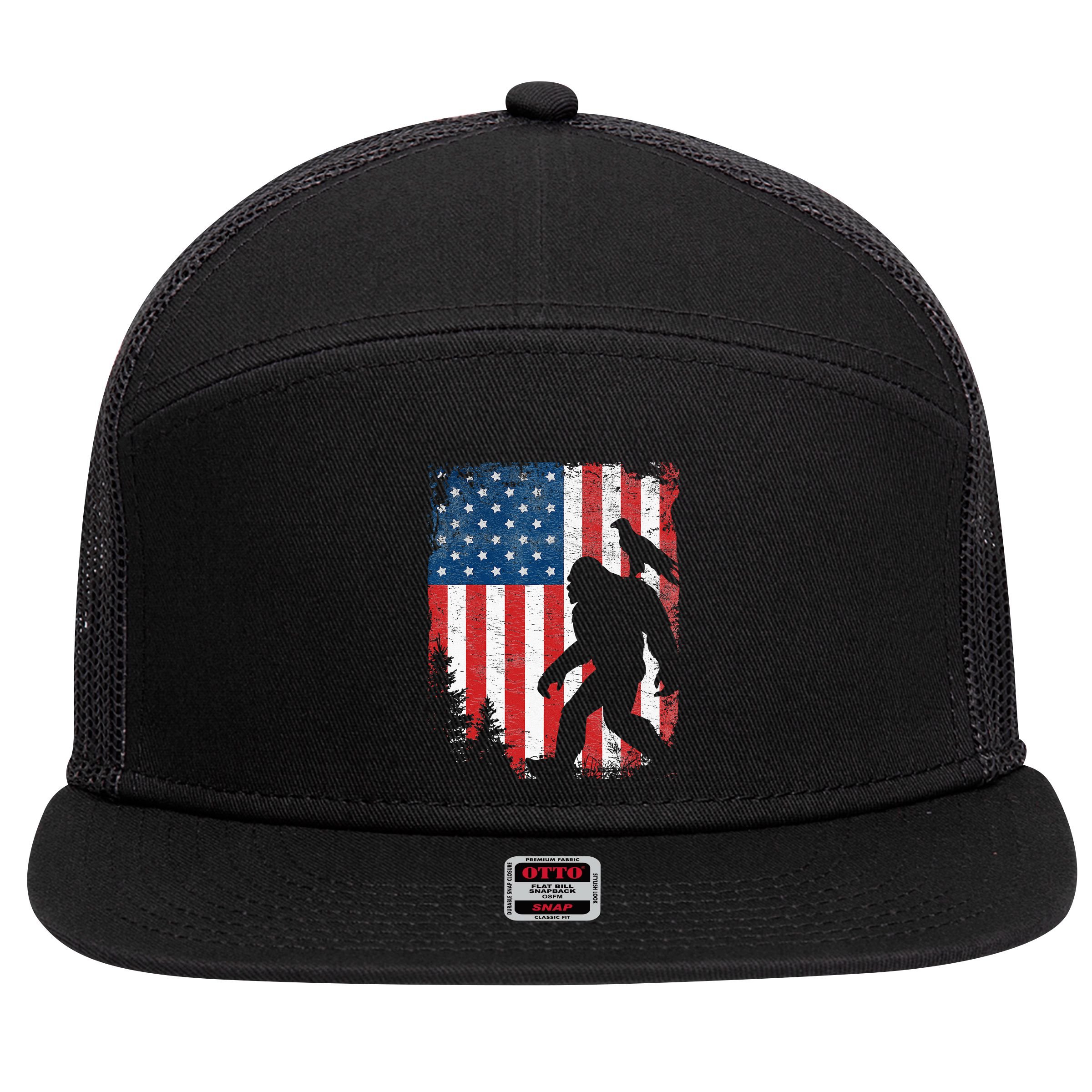 Bigfoot 4th Of July Bald Eagle American USA Flag Patriotic 7 Panel Mesh Trucker Snapback Hat